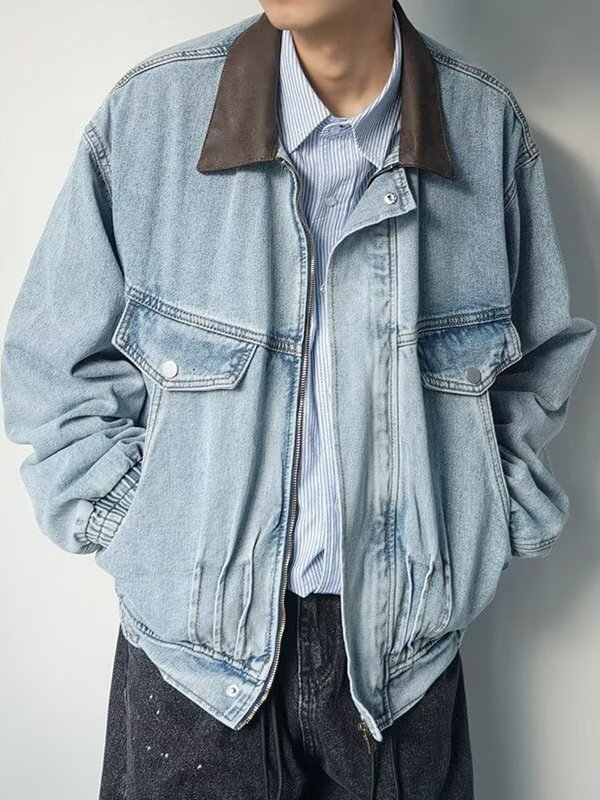 美式复古翻领拼接牛仔外套男装秋季新款潮牌宽松休闲街头工装夹克|undefined