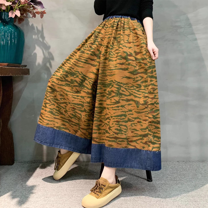 Printed Color-Blocked Jeans 2026 Spring New Style Hip-Hop Style Personalized Elastic Waist Casual Wide-Leg Pants and Skirt Pants for Women Printed Color-Blocked Jeans 2026 Spring New Style Hip-Hop Style Personalized Elastic Waist Casual Wide-Leg Pants and Skirt Pants for Women