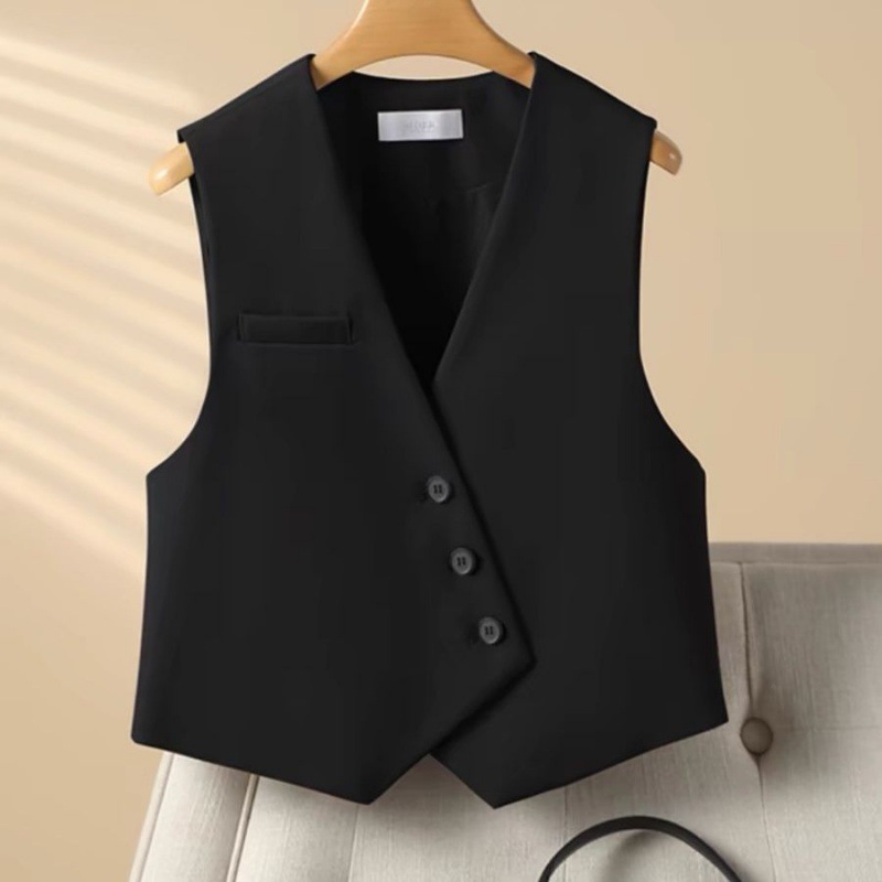 Design-sensory collar suit vest for women Korean style niche irregular short loose casual versatile horse clip small jacket