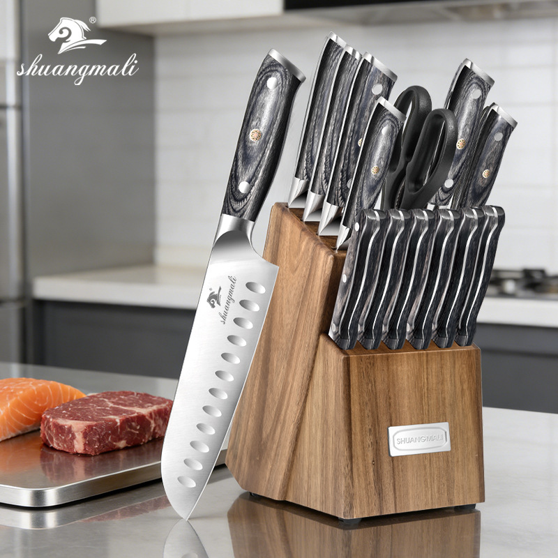 Cuchillos de cocina de exportación de acero inoxidable de doble caballo 15 piezas de asiento de cuchillo de madera acacia con afilador de cuchillo conjunto de cuchillos de comercio exterior