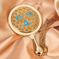 金色絲花囊鏡子古風便攜隨身生日禮物女生補妝鏡子禮品文創中國風
