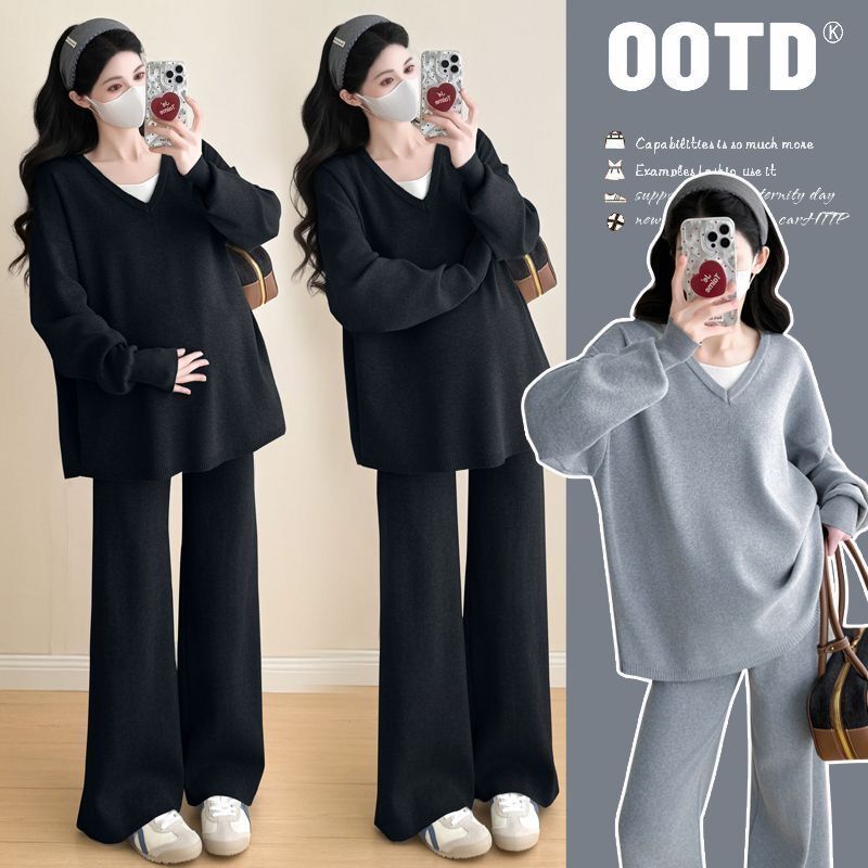 Korean Style Casual Fashion Spring and Autumn Maternity Outfit Set, Loose Fit, Simple Two-Piece Long-Sleeve T-Shirt and Belly Support Pants