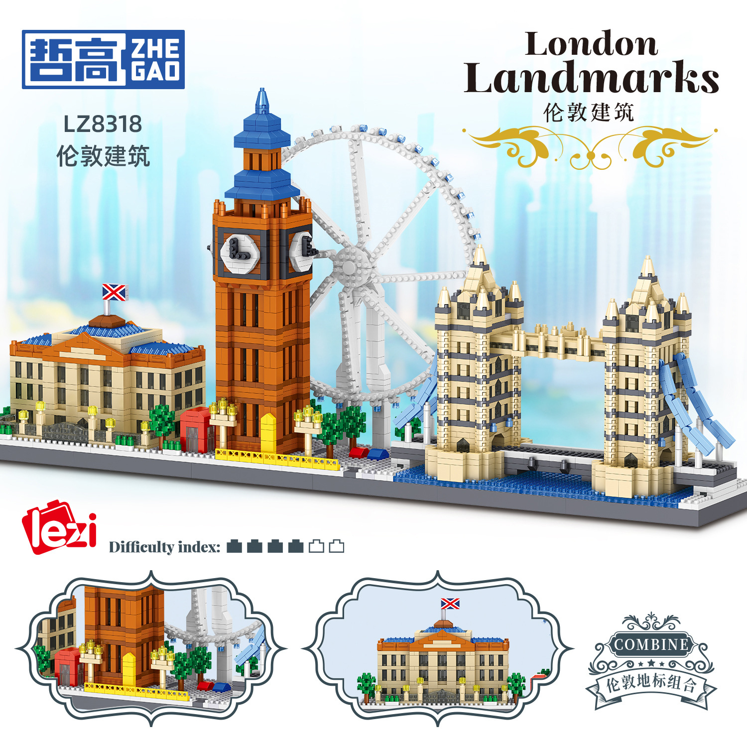 Lezi 8318 London Architecture Street View Modelo Bloques de construcción de micropartículas Ensamblaje de rompecabezas Juguetes para niños Regalos