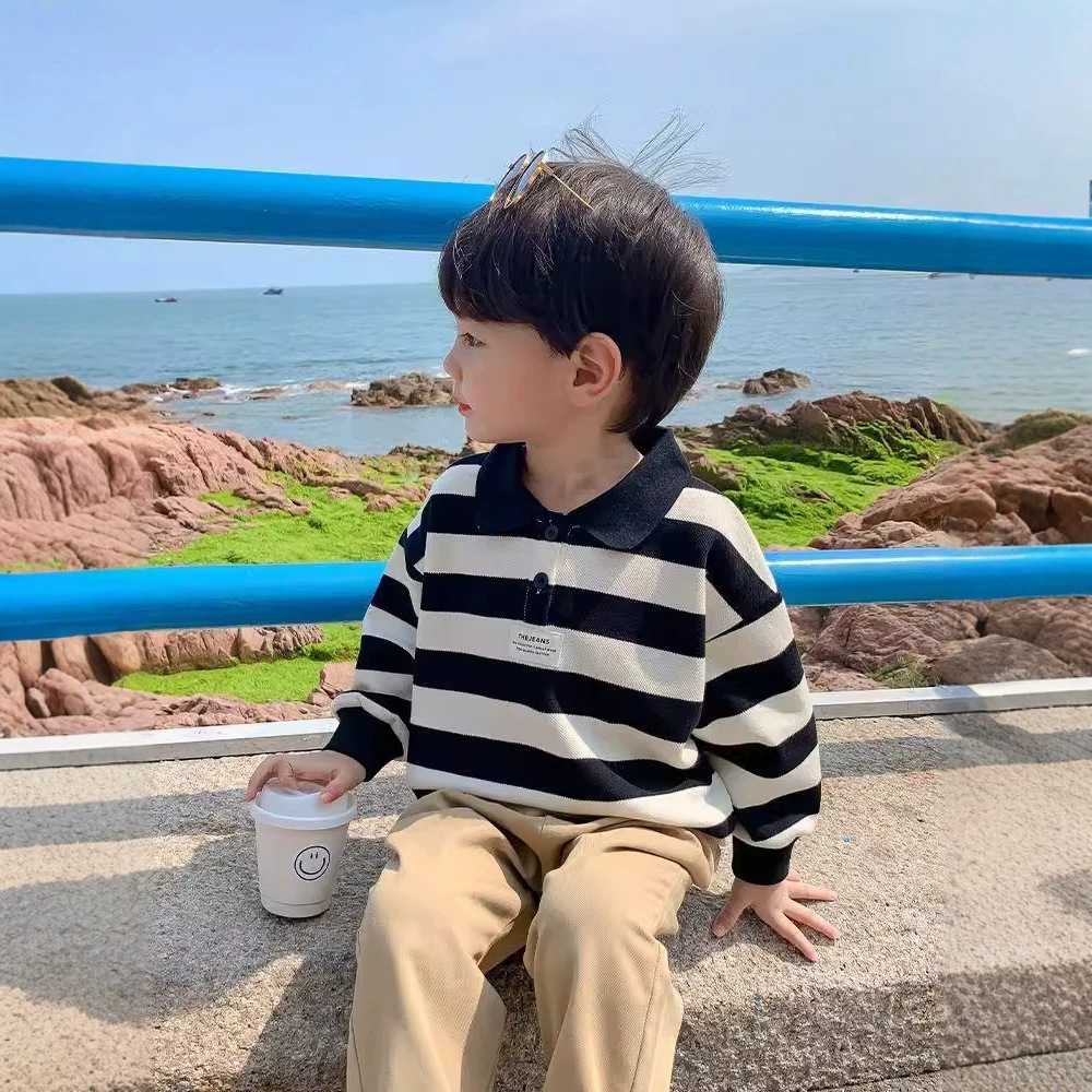 [Pure Cotton, High-Quality Cotton, Backless Collar, One-Piece Fleece] Boys' and Girls' Long-Sleeved Striped Polo Sweatshirt with Turn-Down Collar