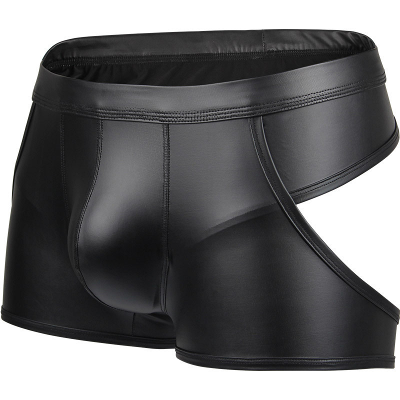 Imitation Leather Men's Boxer Briefs with Hollow Back Buttocks Stage Low-Waist Sexy Patent Leather Underwear Stage Performance Nightclub Clothing