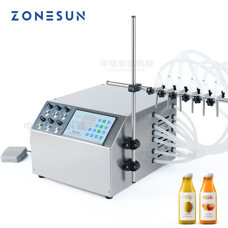 ZONESUN 半自动6头灌装机 隔膜泵4L果汁牛奶饮料液体定量灌装机