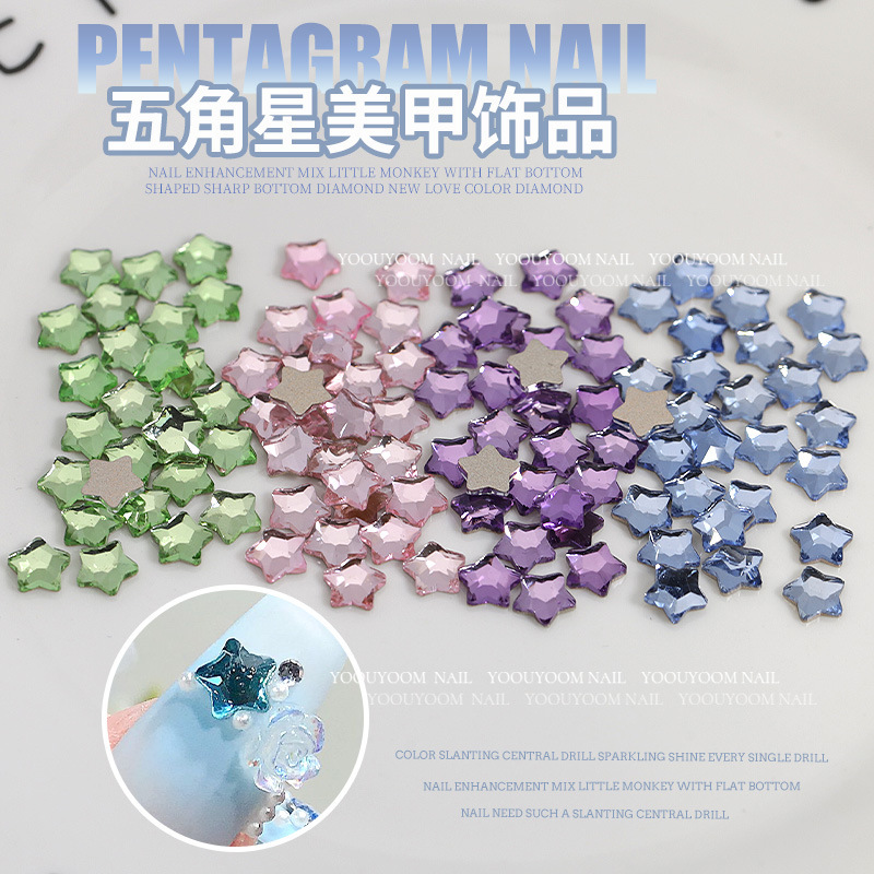 New Nail Art Trinkets Wholesale Colorful Five-Pointed Star Nail Accessories Starfish Glass Flats Bottom Special-Shaped Star Diamond Ornaments