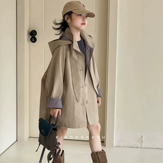 小红鱼女童连帽外套秋装2026新款秋季中长款风衣儿童亲子百搭上衣