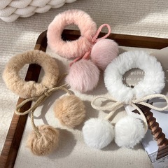 少女櫻桃粉色系仿兔毛球球發繩甜美百搭蝴蝶結櫻桃毛球皮筋髮飾品