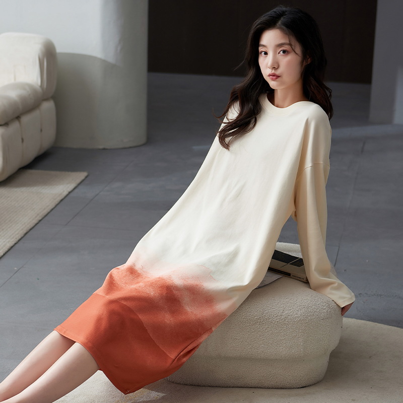 New Arrival Pajamas Women's Autumn and Winter Pure Cotton Sweet Striped Long-sleeved Loose Home Clothes Mid-length Nightgown Pure Cotton Hair