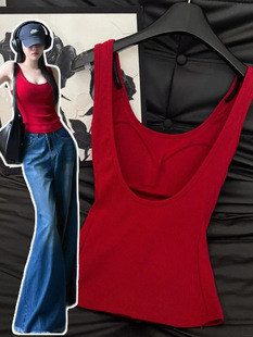 Red Backless Camisole Women's Summer Outer Wear American Style Beautiful Back Bra All-In-One Top with Breast Pads for Inner Wear