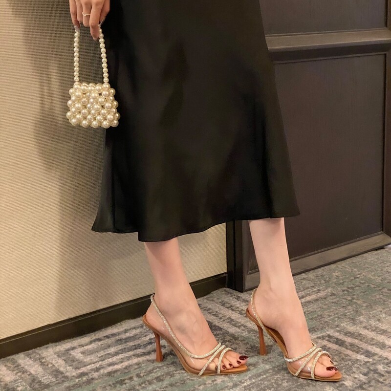 [in Stock] Summer Side Cutout Sandals for Women in Natural Color with Sequins and Rhinestones, Transparent Open-Toe Pointed High Heels