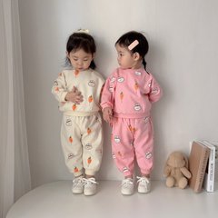 2024春季新款韓版男女童套裝胡蘿蔔兔子印花可愛長袖衛衣兩件套