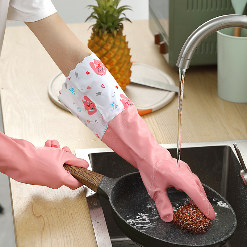 Guantes de lavado de platos de cocina más veludo grueso de goma látex guantes de lavado de ropa impermeable guantes de calor alargados