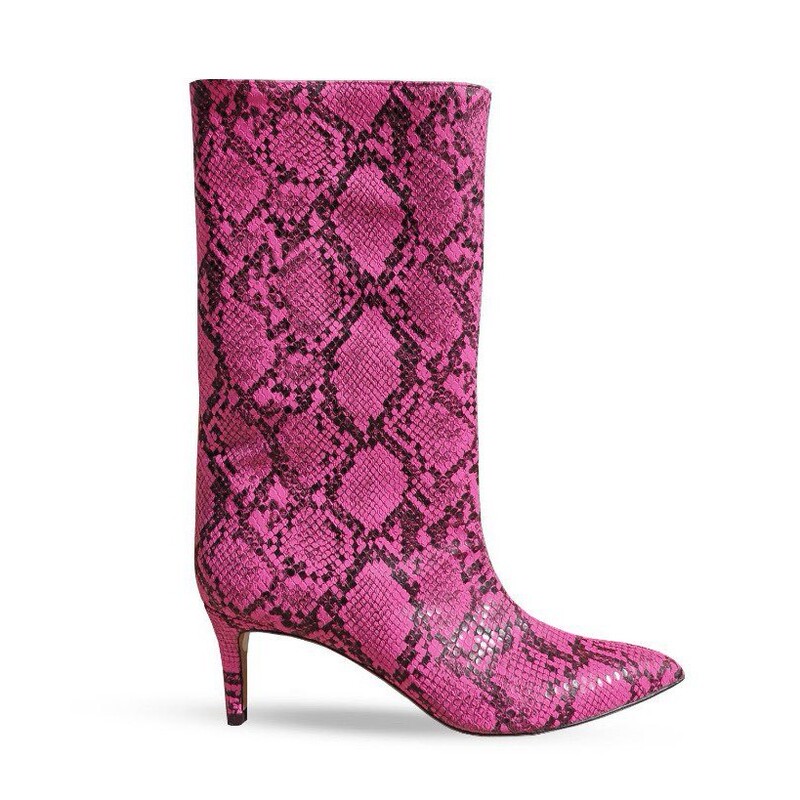 European and American Foreign Trade Cross-Border Spring and Autumn Snake Print Slip-On Calf Boots with Thin High Heels, Size 45 Large Size Straight Boots for Women, Leg-Slimming Fashion Boots European and American Foreign Trade Cross-Border Spring and Autumn Snake Print Slip-On Calf Boots with Thin High Heels, Size 45 Large Size Straight Boots for Women, Leg-Slimming Fashion Boots