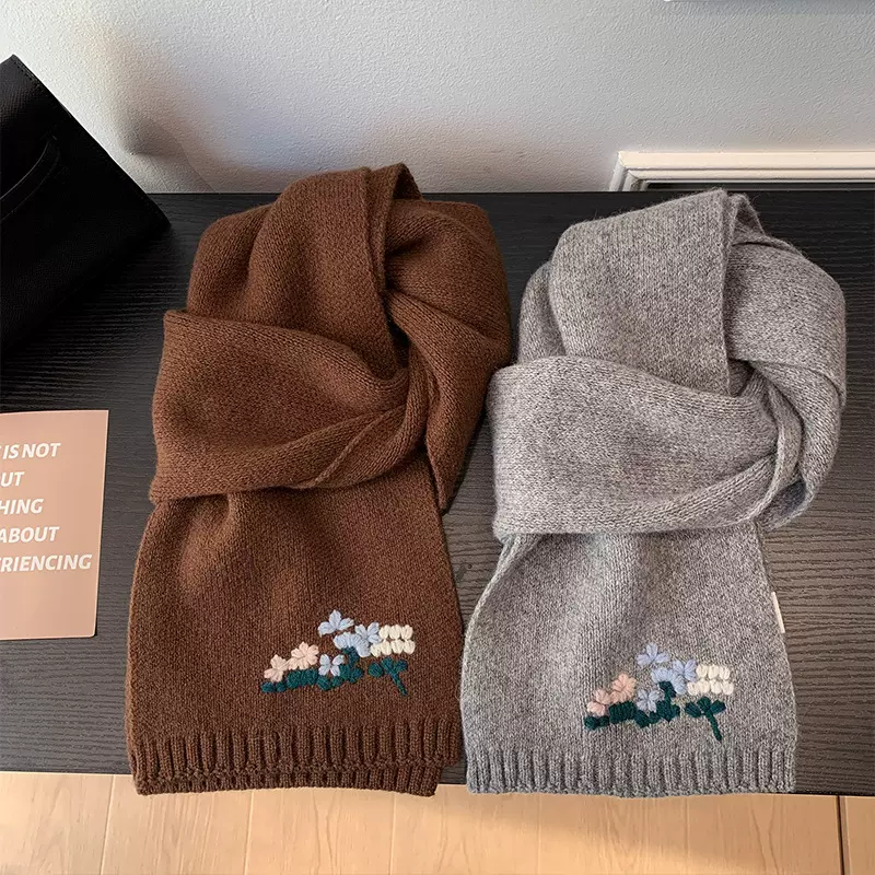 韩系羊毛刺绣花朵秋冬保暖高级氛围感针织围脖围巾氛围感围巾