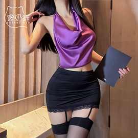 馋奶猫紫色秘书裸背套装女情趣内衣性感露沟包臀诱惑制服夜店X82