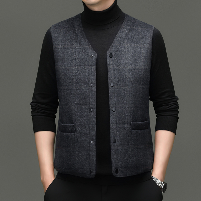 2025 Autumn and Winter New Style Middle-Aged Men's Woolen down Vest Thickeneded Slim Inner Wear Warm Vest Black