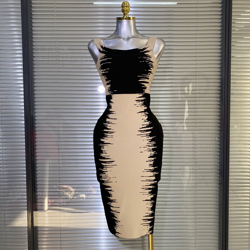 Cross-Border European and American High-End Jacquard Color-Blocking Sexy Tight-Fitting Bodycon Birthday Party Dress