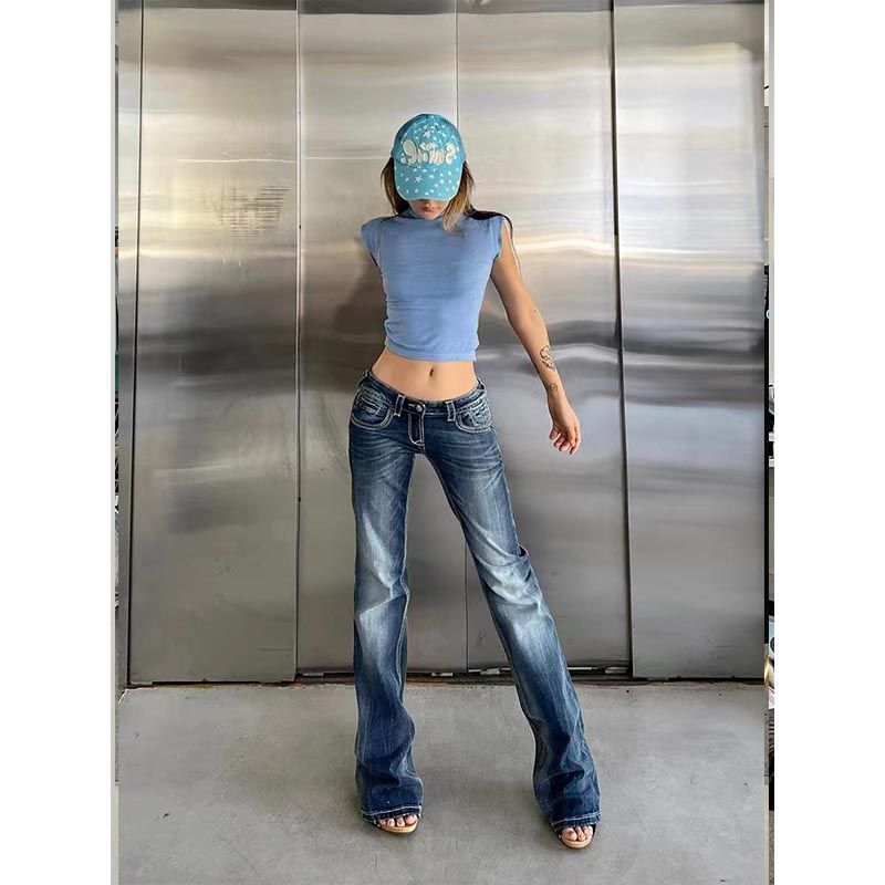 American Retro Y2K Embroidered Gradient Low-Waist Flared Jeans for Women, Spring Niche Hong Kong Style Slimming Floor-Length Pants Trendy