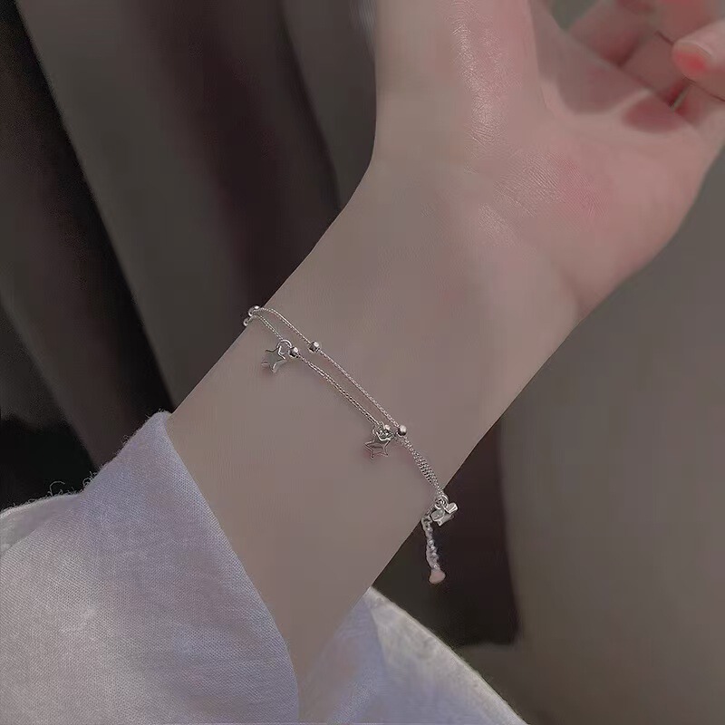 925 Silver-Plated Double-Layer Star Bracelet for Women, Accessible Luxury Bracelet, Niche Design, Exquisite Hand Jewelry, Gift for Besties