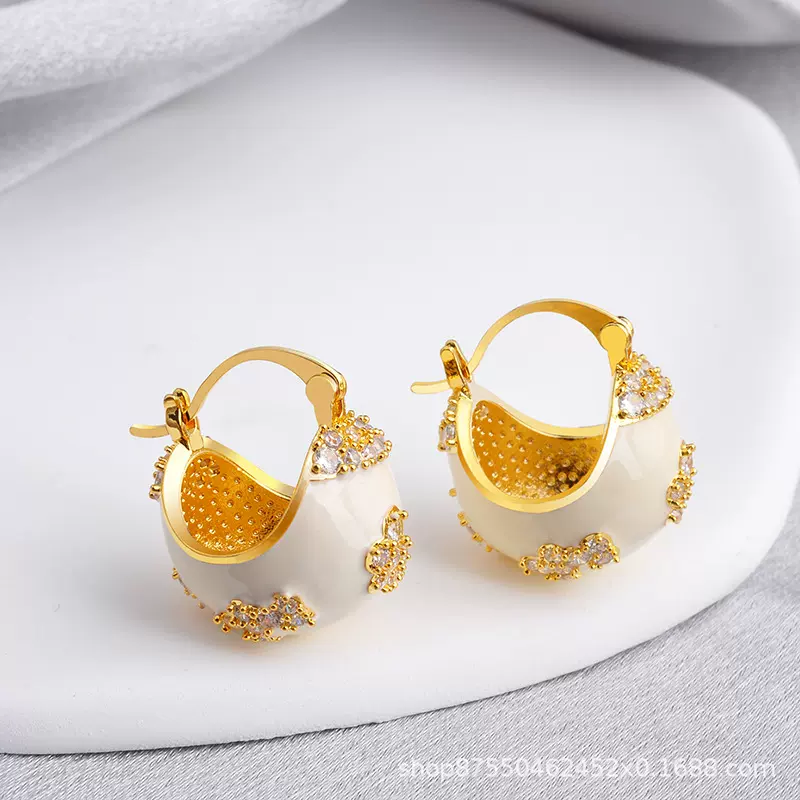 酒红色珐琅滴油提篮耳扣时尚耳圈简约百搭小众设计棕色耳环精致