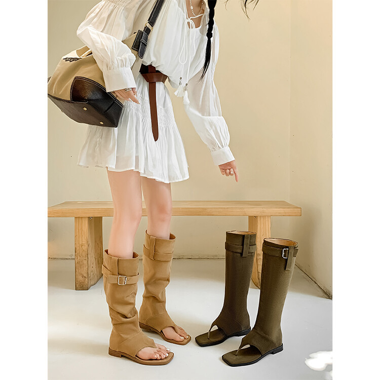 Boot nữ cổ cao ôm bắp chân da thật phong cách miền Tây — mơ, nâu chi tiết 40