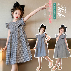 女童格子連衣裙2024新款中大童名媛風裙子兒童公主裙夏季薄款夏裝