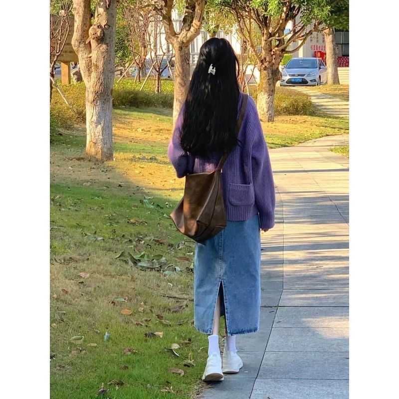 秋冬季轻熟御姐小个子穿搭紫色慵懒毛衣牛仔半身裙温柔风两件套装|undefined