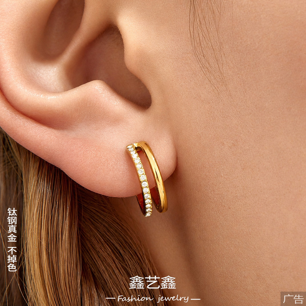 Cross-border fashion, INS style, 316L stainless steel, micro-painted zircon, double-layer clip-on earrings for women, high-end jewelry, no piercing required.