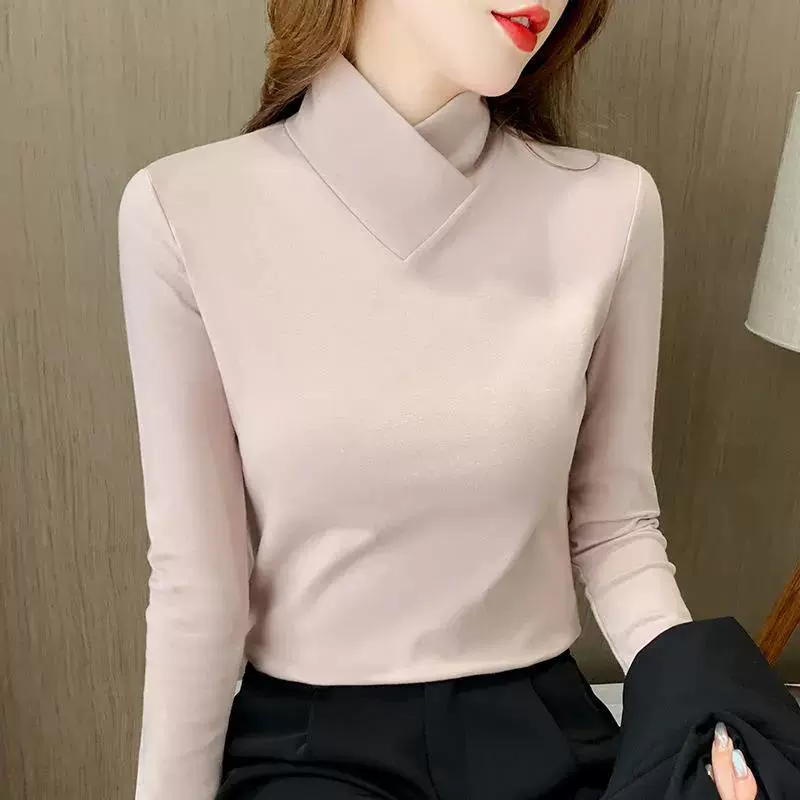 秋冬季时尚简约双面德绒打底衫女新款修身洋气半高领长袖t恤上衣