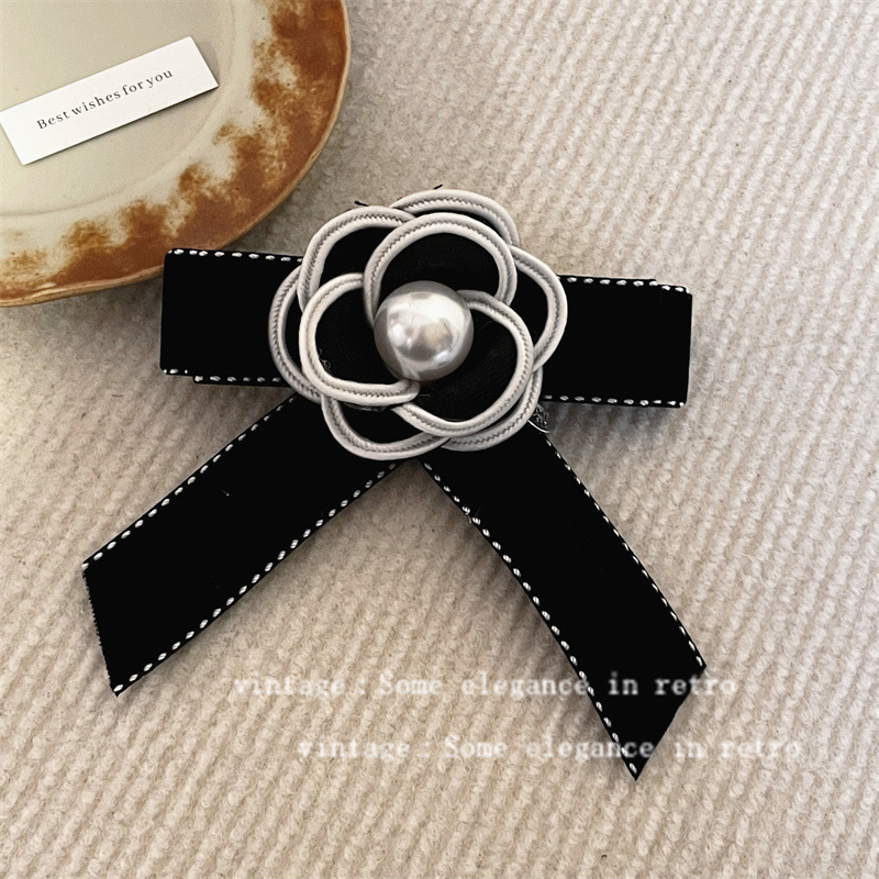 블랙 플라워 리본 브로치