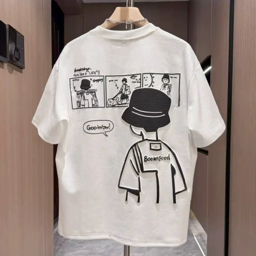 2025 Летняя трехмерная пена с круглым вырезом с короткими рукавами мужская мода мультфильм вышивка дикая повседневная футболка с половиной рукава