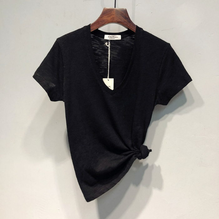 Women's Bamboo Cotton V Neck Short Sleeve T-Shirt Unique Design Slimming Summer Thin Versatile Top_ecoleips.com