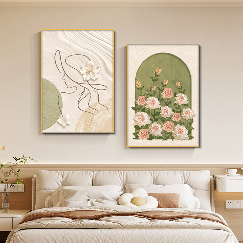 奶油风主卧室床头装饰画现代简约玫瑰抽象人物壁画原木风餐厅挂画|undefined