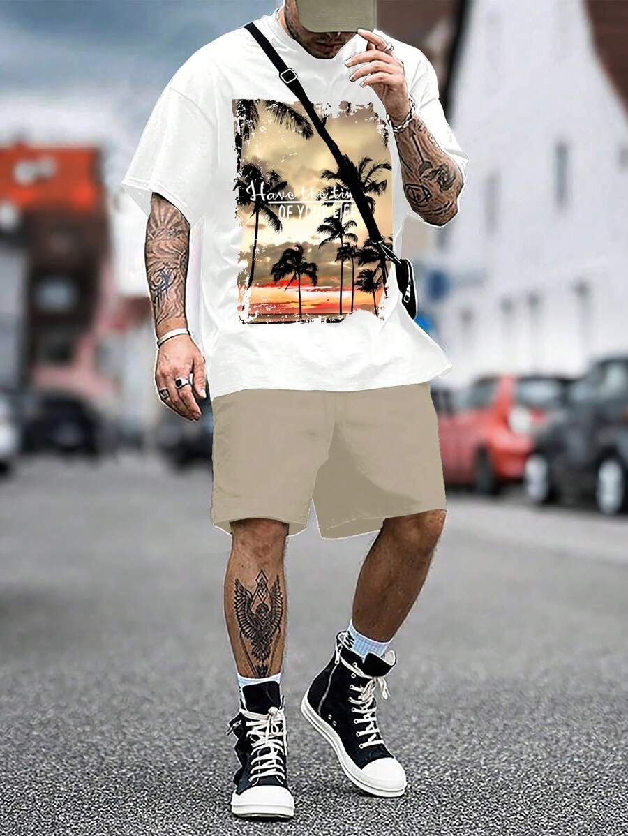 Diseño de personalidad patrón de letras de dibujos animados verano nuevo estilo calle ropa casual suelta traje de hip-hop americano ME13