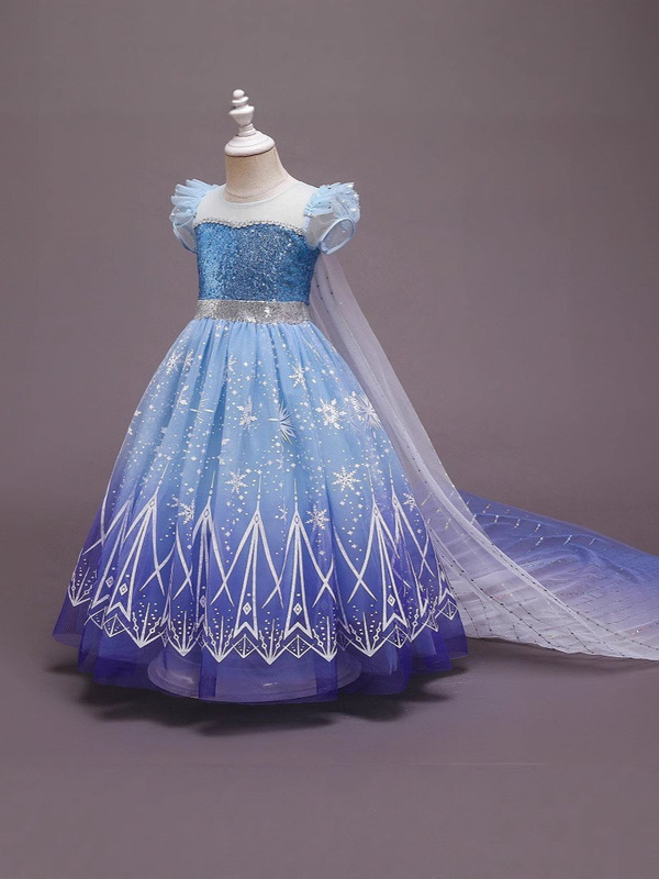 クロスボーダー アナと雪の女王 エルサ プリンセスドレス ガールズ 半袖 スパンコール ドレス ヨーロッパとアメリカのメッシュマント 取り外し可能|undefined