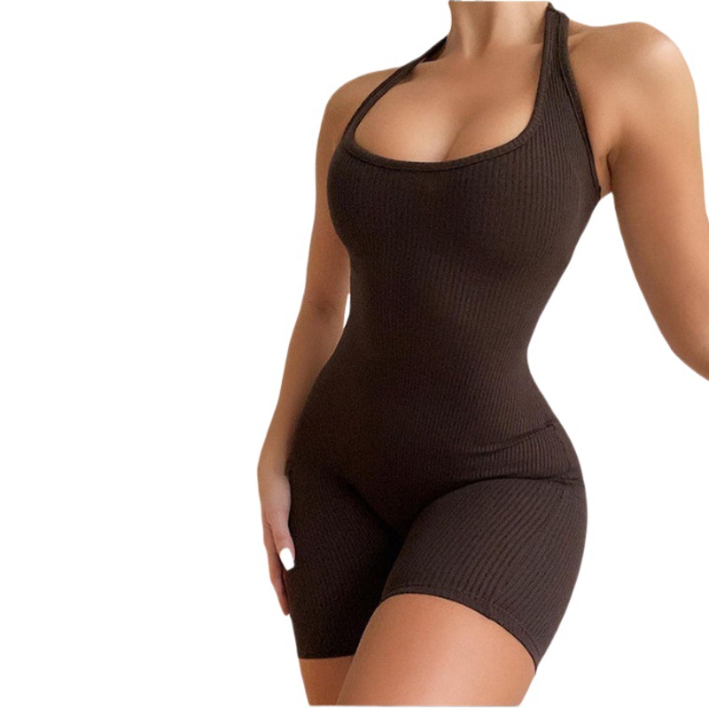 Europeo y americano transfronterizo 2023 nuevo comercio exterior estilo primavera ropa de mujer color sólido sexy backless Halter corto deportes mono