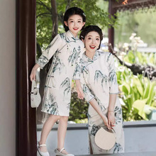 亲子装旗袍连衣裙春秋季2026新款汉服儿童泡泡提花中国风母女装