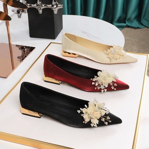 83925-H97 French style flower rhinestone decoration pointed shallow mouth gold silk and satin one foot pedal thick singl
