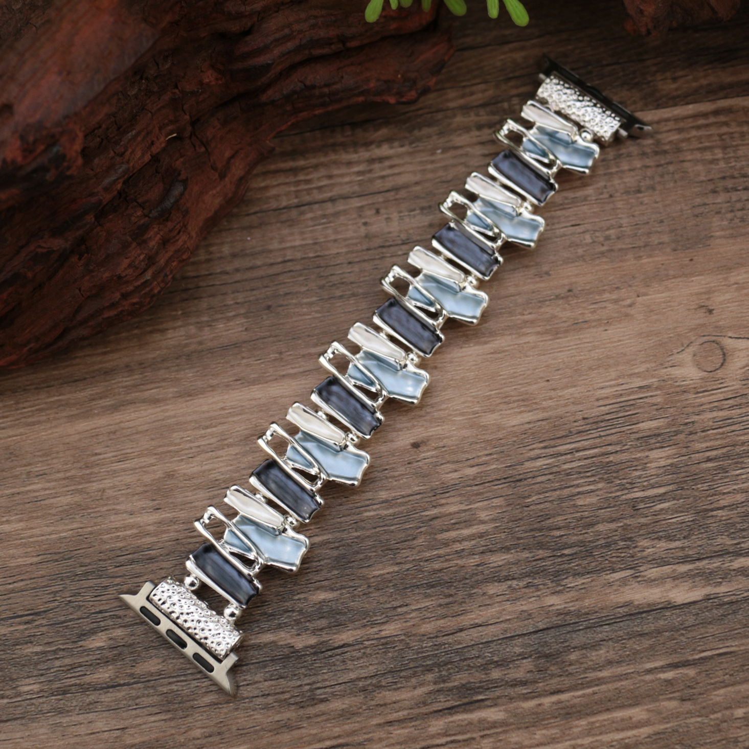 (145cm) 네이비 블루 기하학적 라인 스트레치 시계 스트랩 - 실버