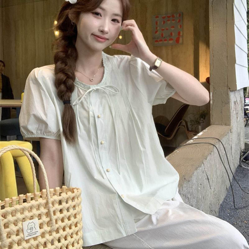 Korean-Style Fresh Patchwork Lace-Up Shirt for Women, Summer 2026 New Design, Petite Puff Sleeve Top