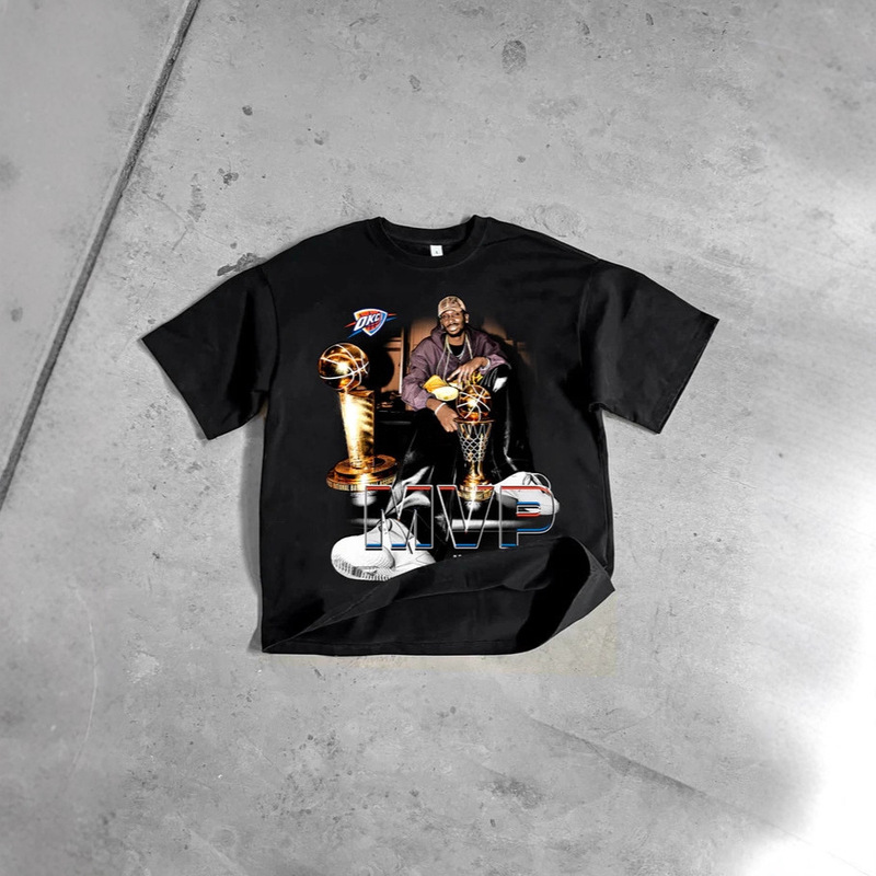 Sga Alexander Thunder Team Champion Trophy American Star Print T-Shirt Hip-Hop Retro Washed Loose Short Sleeve