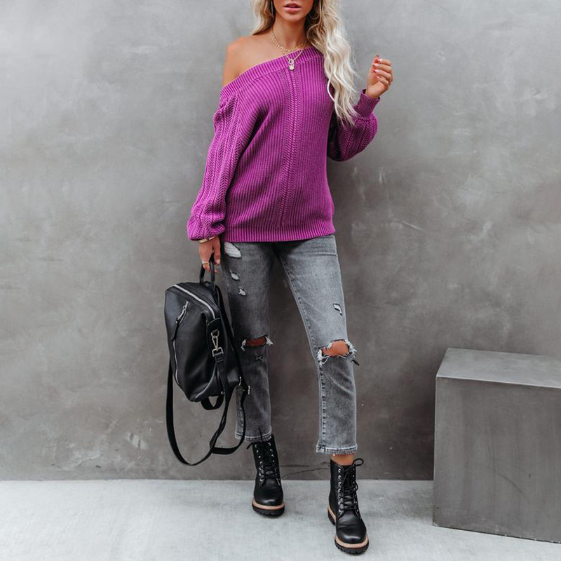 solid color loose V-neck lantern sleeve sweater nihaostyles clothing wholesale NSZH81603