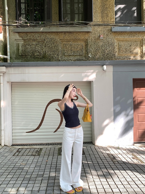 欧阳白色牛仔裤女夏季新款辣妹低腰直筒长裤薄款宽松拖地裤子|undefined