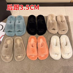 外貿跨境厚底秋冬新款一字麵包鞋毛毛拖鞋家居外穿網紅毛拖鞋批發