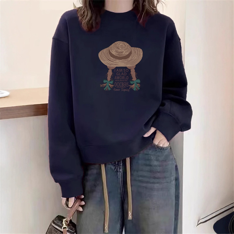 Petite Women's Round Neck Sweatshirt 2025 New Autumn and Winter Fleece Loose Thick Long Sleeve Hooded Versatile Top