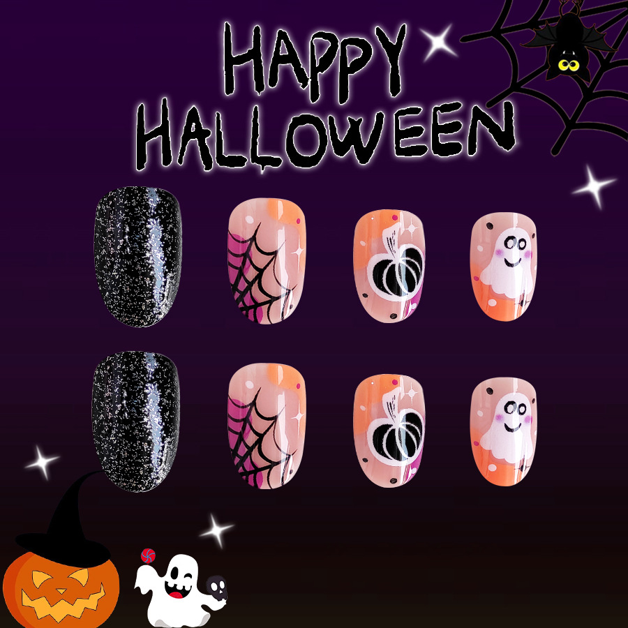 Short bright face Europe and the United States cross-border foreign trade Halloween multicolor spider web ghost pumpkin detachable wearable nail art 2_voghion.com