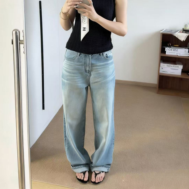 Guochao At*2494M Loose Straight Light Blue Mid-Low Waist Jeans for Women 26 Spring/Summer Hip-Covering Wide-Leg Casual Long Pants