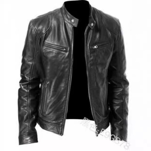 Foreign trade winter business gentleman warm zipper cardigan pocket decoration PU leather jacket stand collar slim leather jacket